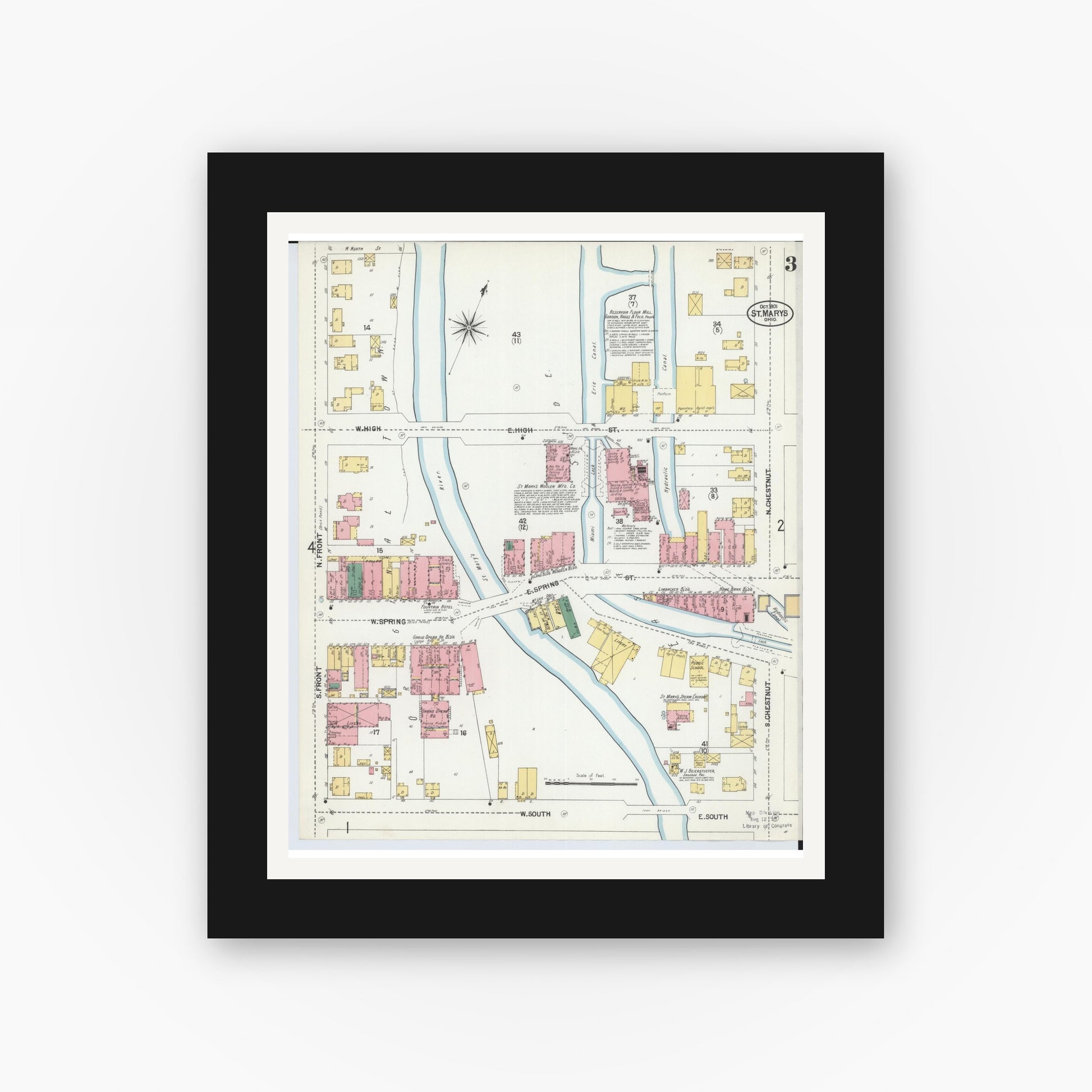 Old map wall art mockup — black gallery frame with white mat — Sanborn Fire Insurance Map from Saint Marys, Auglaize County, Ohio (1901), Sheet #0003