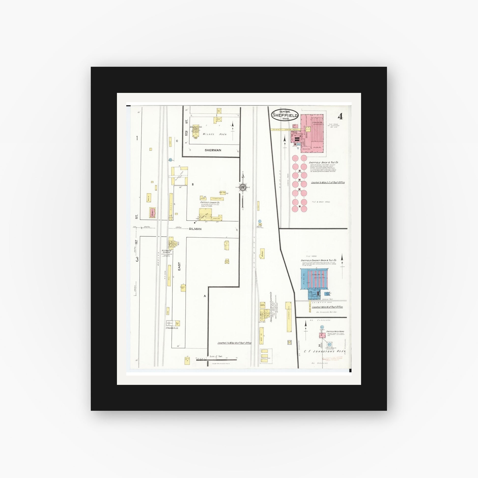 Old map wall art mockup — black gallery frame with white mat — Sanborn Fire Insurance Map from Sheffield, Franklin County, Iowa (1916), Sheet #0004