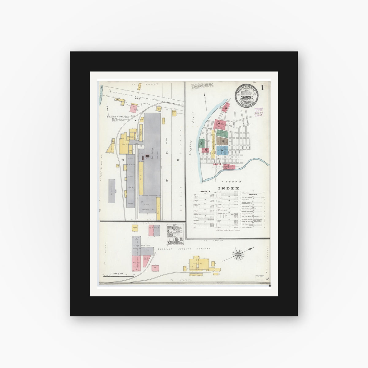 Old map wall art mockup — black gallery frame with white mat — Sanborn Fire Insurance Map from Oakmont, Allegheny County, Pennsylvania (1905) - Complete Map Set