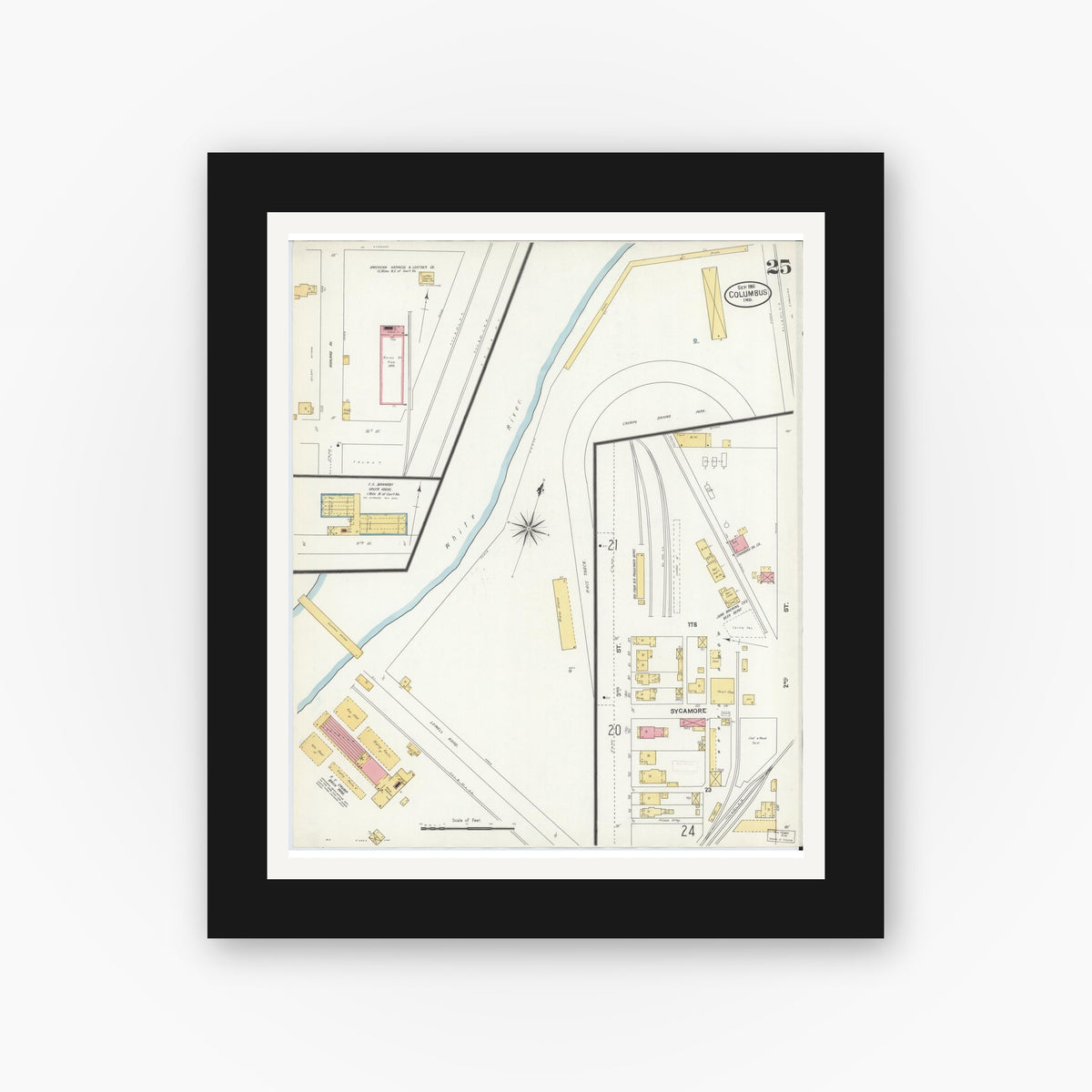 Old map wall art mockup — black gallery frame with white mat — Sanborn Fire Insurance Map from Columbus, Bartholomew County, Indiana (1906), Sheet #0025