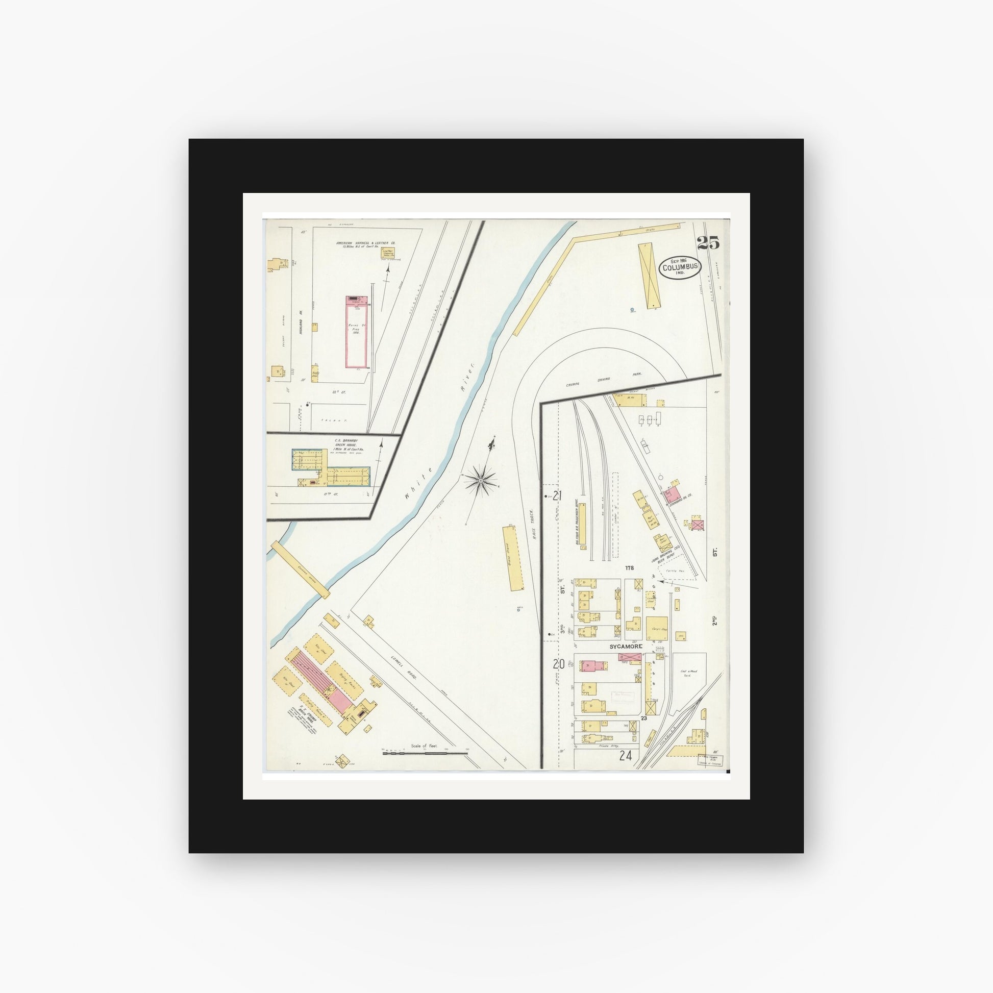 Old map wall art mockup — black gallery frame with white mat — Sanborn Fire Insurance Map from Columbus, Bartholomew County, Indiana (1906), Sheet #0025