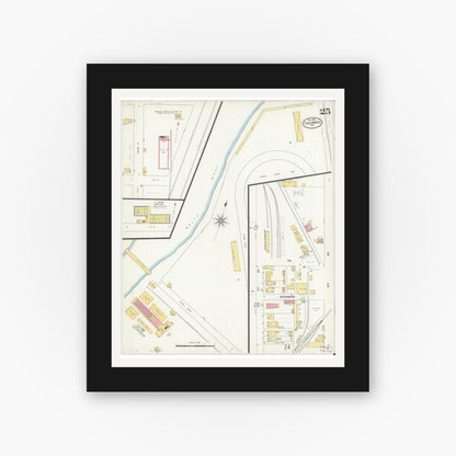 Old map wall art mockup — black gallery frame with white mat — Sanborn Fire Insurance Map from Columbus, Bartholomew County, Indiana (1906), Sheet #0025