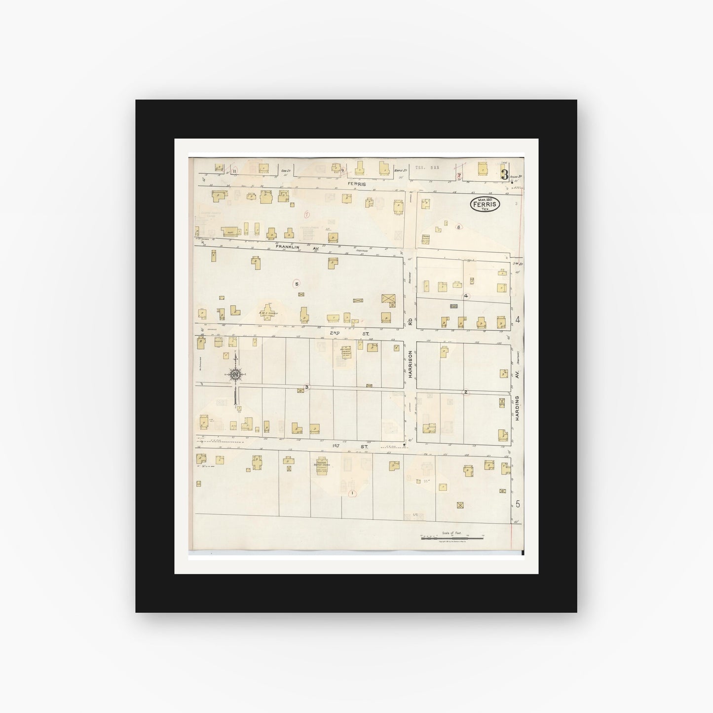Old map wall art mockup — black gallery frame with white mat — Sanborn Fire Insurance Map from Ferris, Ellis County, Texas (1941), Sheet #0003