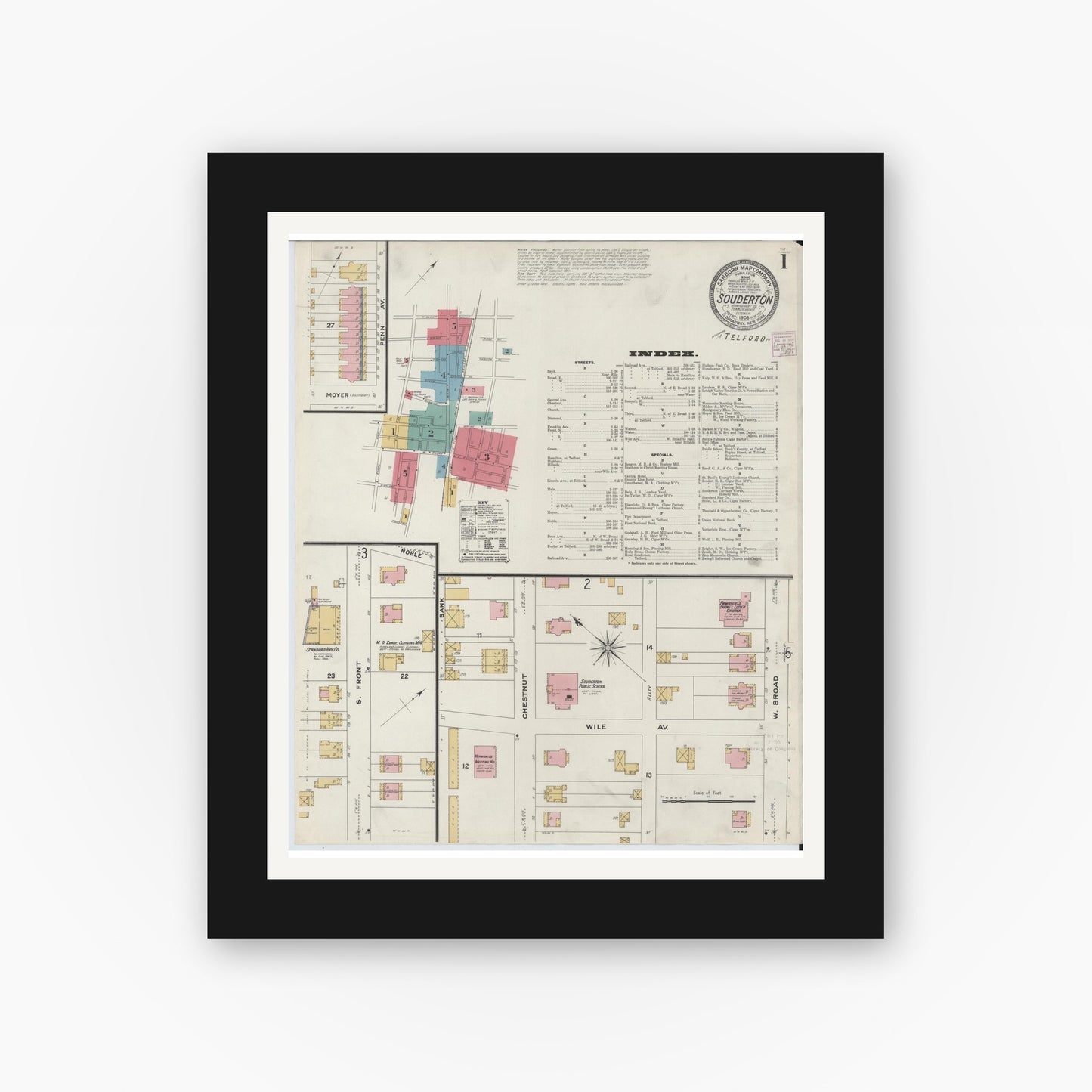 Old map wall art mockup — black gallery frame with white mat — Sanborn Fire Insurance Map from Souderton, Montgomery County, Pennsylvania (1908) - Complete Map Set