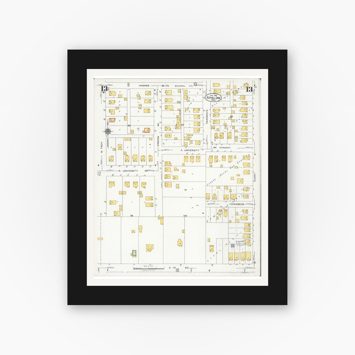 Old map wall art mockup — black gallery frame with white mat — Sanborn Fire Insurance Map from Royal Oak, Oakland County, Michigan (1926), Sheet #0013