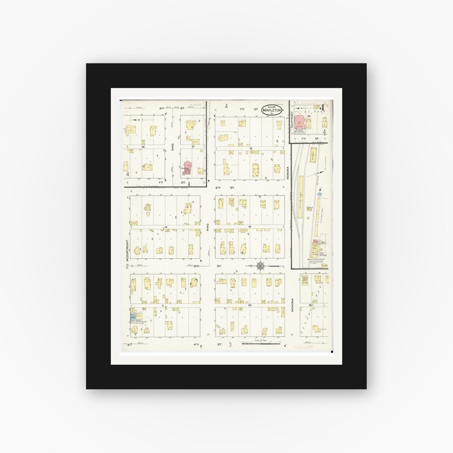 Old map wall art mockup — black gallery frame with white mat — Sanborn Fire Insurance Map from Mapleton, Monona County, Iowa (1915), Sheet #0004