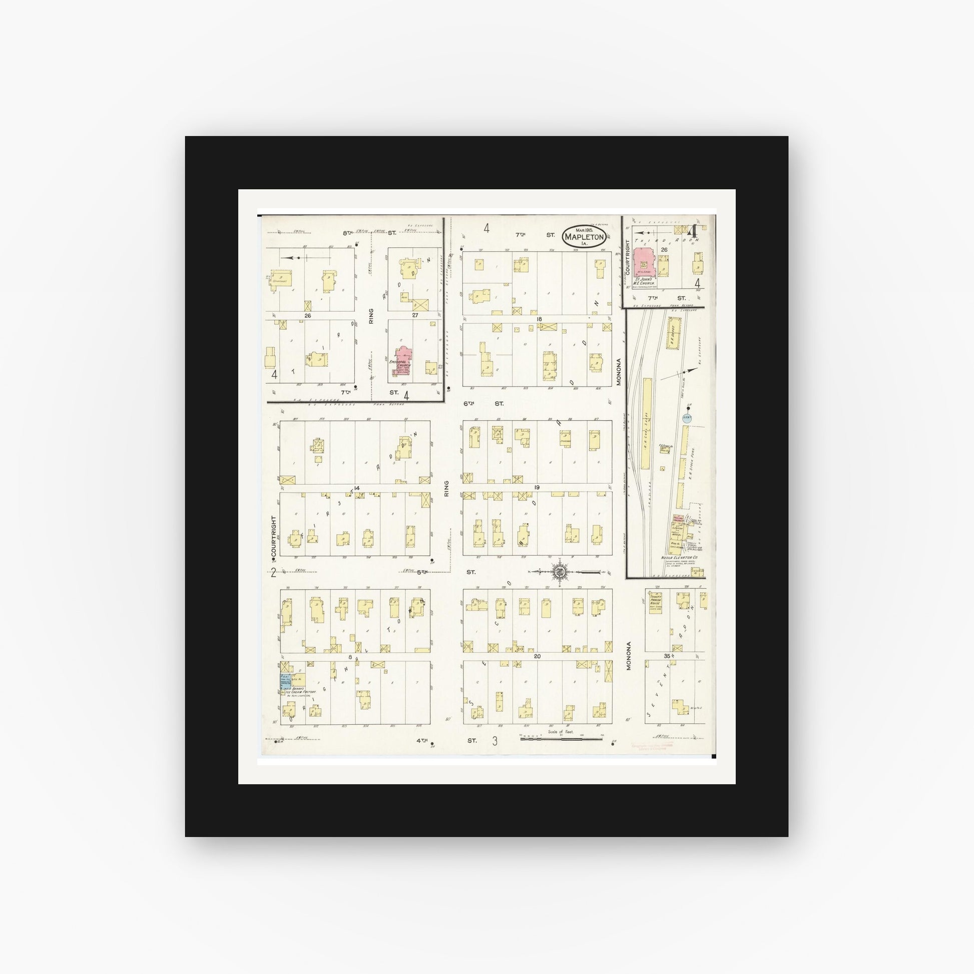 Old map wall art mockup — black gallery frame with white mat — Sanborn Fire Insurance Map from Mapleton, Monona County, Iowa (1915), Sheet #0004