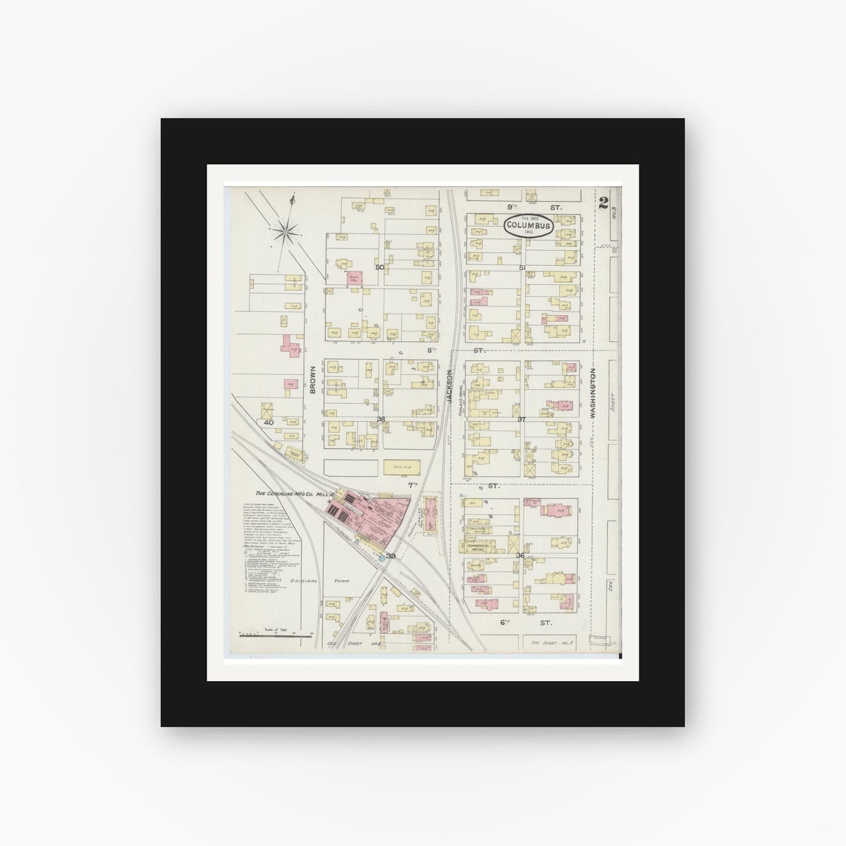 Old map wall art mockup — black gallery frame with white mat — Sanborn Fire Insurance Map from Columbus, Bartholomew County, Indiana (1890), Sheet #0002