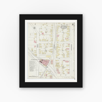 Old map wall art mockup — black gallery frame with white mat — Sanborn Fire Insurance Map from Columbus, Bartholomew County, Indiana (1890), Sheet #0002