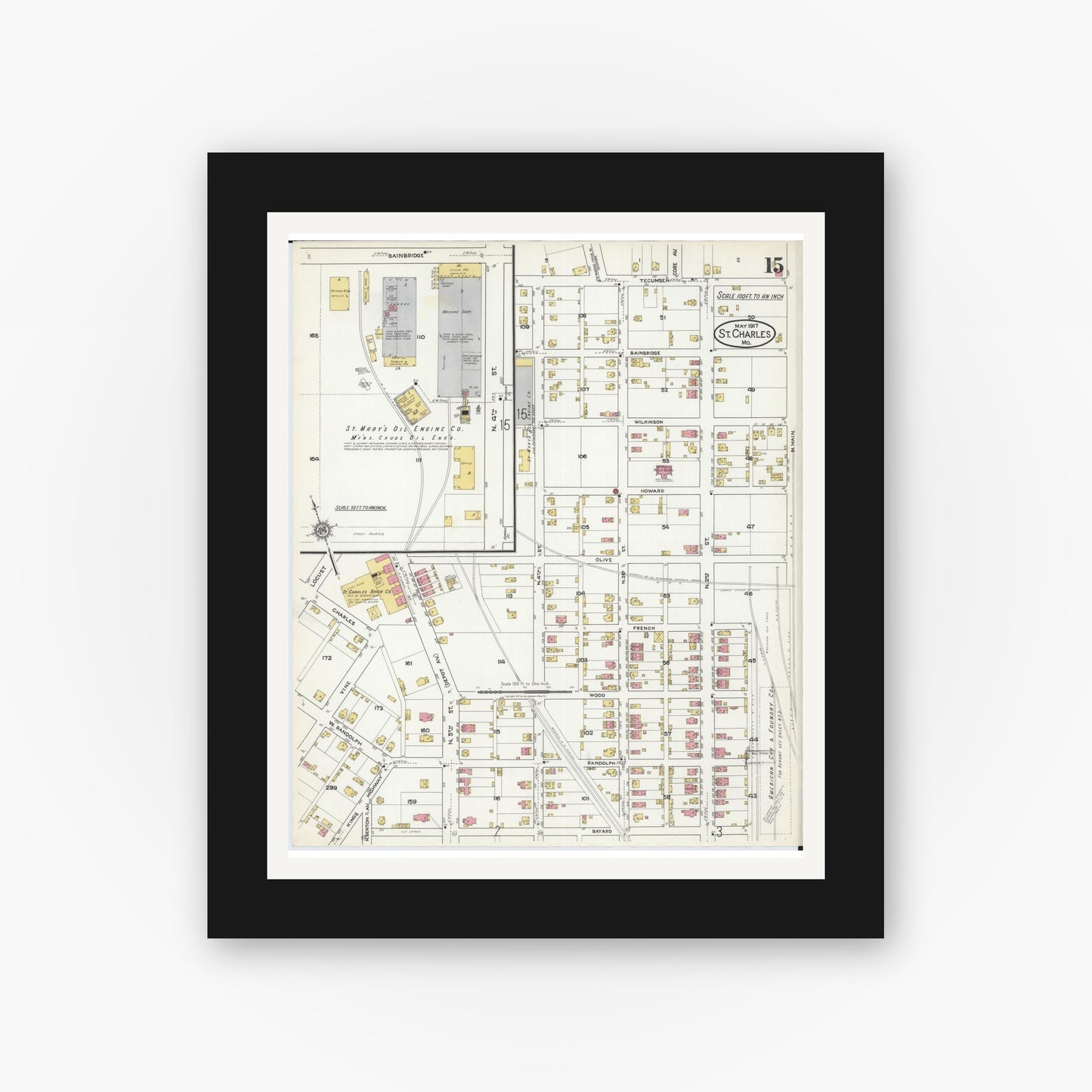 Old map wall art mockup — black gallery frame with white mat — Sanborn Fire Insurance Map from Saint Charles, Saint Charles County, Missouri (1917), Sheet #0015