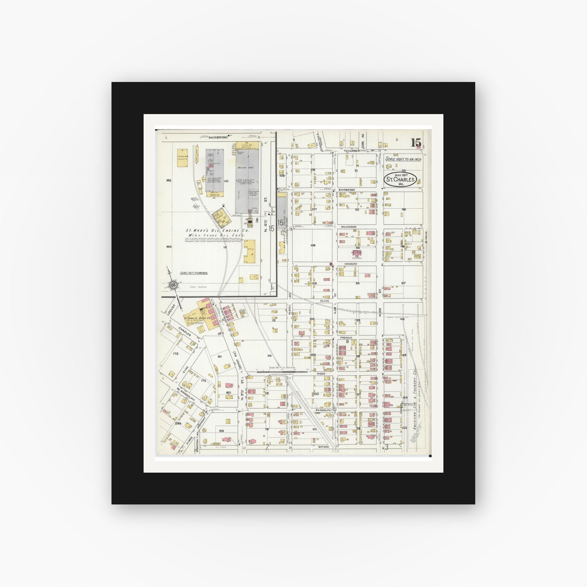 Old map wall art mockup — black gallery frame with white mat — Sanborn Fire Insurance Map from Saint Charles, Saint Charles County, Missouri (1917), Sheet #0015