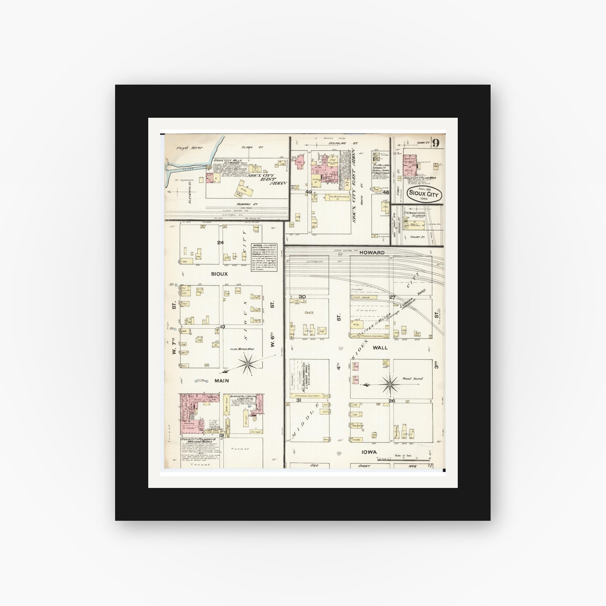Old map wall art mockup — black gallery frame with white mat — Sanborn Fire Insurance Map from Sioux City, Woodbury County, Iowa (1884), Sheet #0009