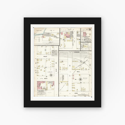 Old map wall art mockup — black gallery frame with white mat — Sanborn Fire Insurance Map from Sioux City, Woodbury County, Iowa (1884), Sheet #0009