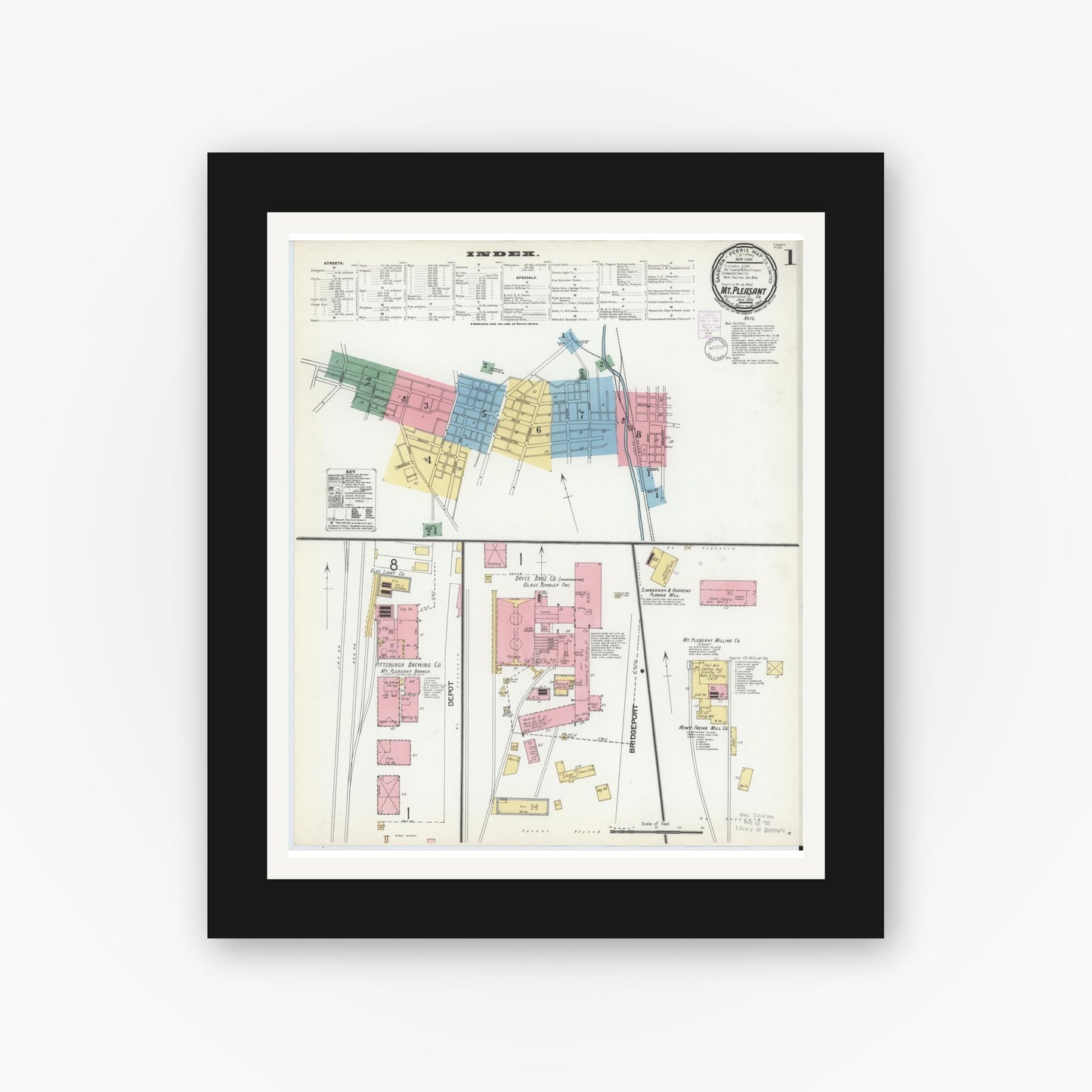 Old map wall art mockup — black gallery frame with white mat — Sanborn Fire Insurance Map from Mount Pleasant, Westmoreland County, Pennsylvania (1901) - Complete Map Set