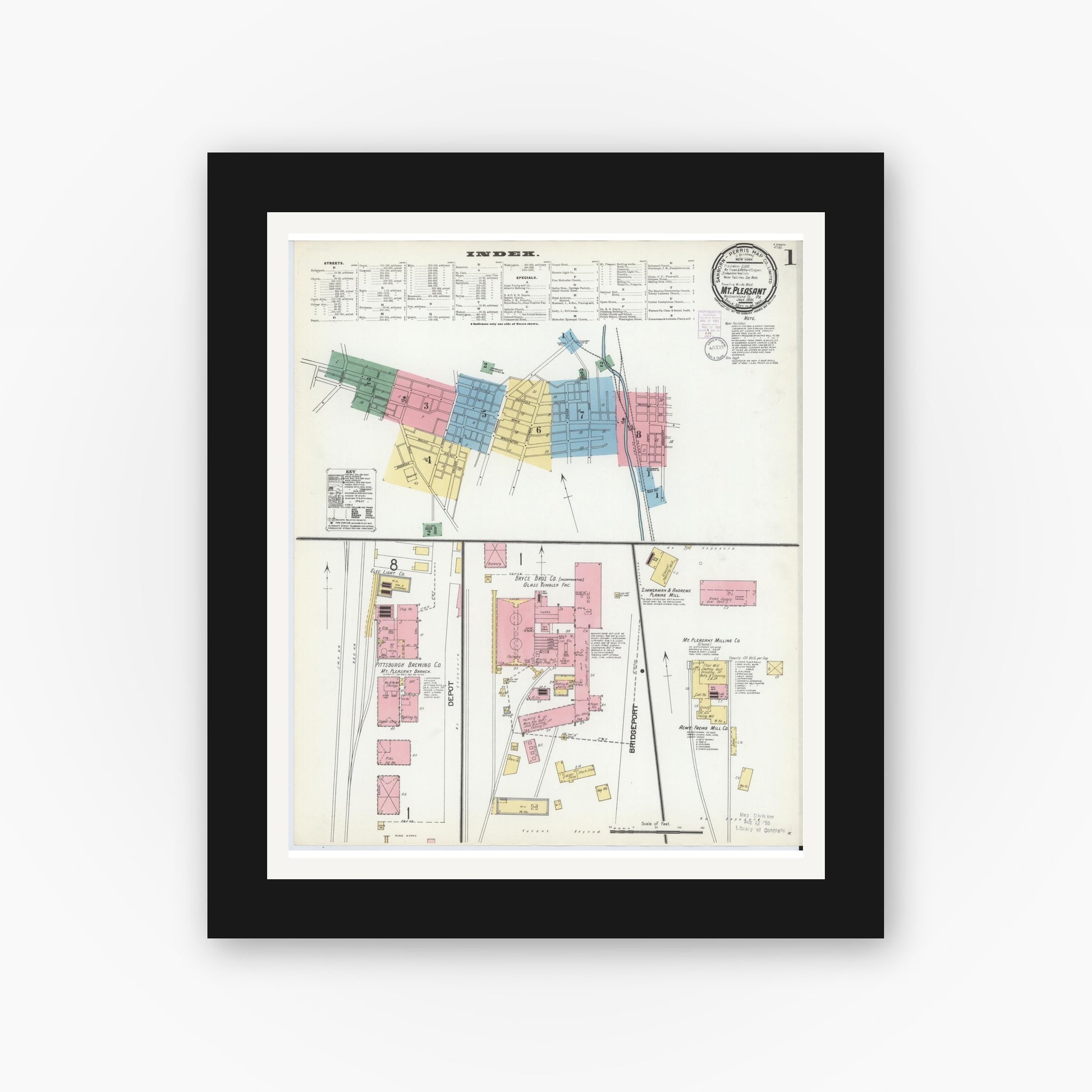 Old map wall art mockup — black gallery frame with white mat — Sanborn Fire Insurance Map from Mount Pleasant, Westmoreland County, Pennsylvania (1901) - Complete Map Set