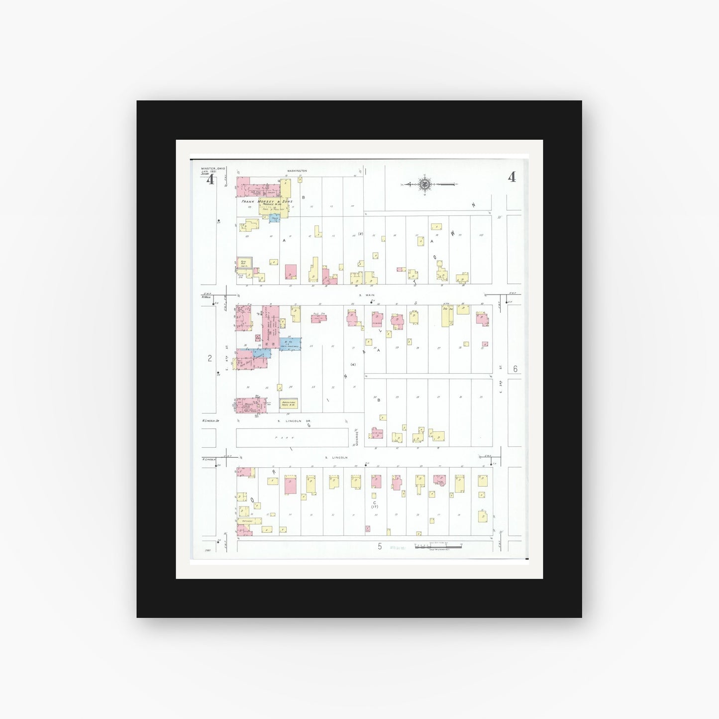 Old map wall art mockup — black gallery frame with white mat — Sanborn Fire Insurance Map from Minster, Auglaize County, Ohio (1951), Sheet #0004