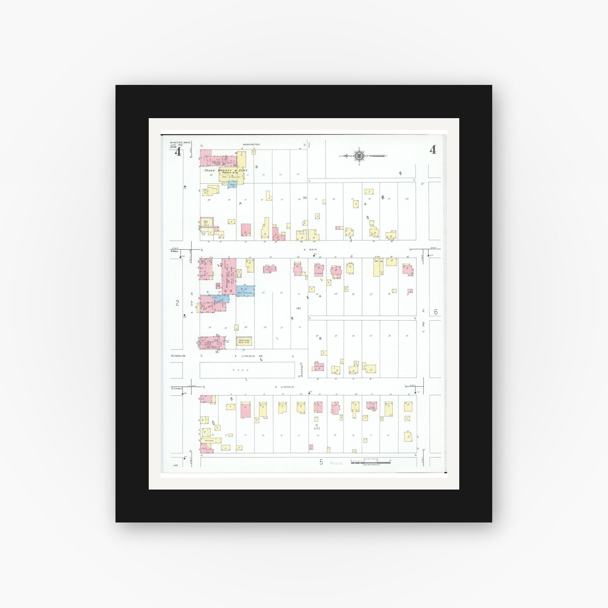 Old map wall art mockup — black gallery frame with white mat — Sanborn Fire Insurance Map from Minster, Auglaize County, Ohio (1951), Sheet #0004