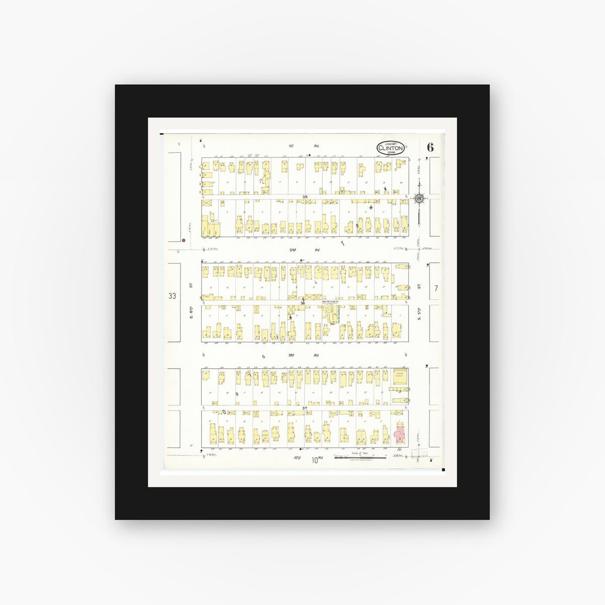 Old map wall art mockup — black gallery frame with white mat — Sanborn Fire Insurance Map from Clinton, Clinton County, Iowa (1917), Sheet #0006