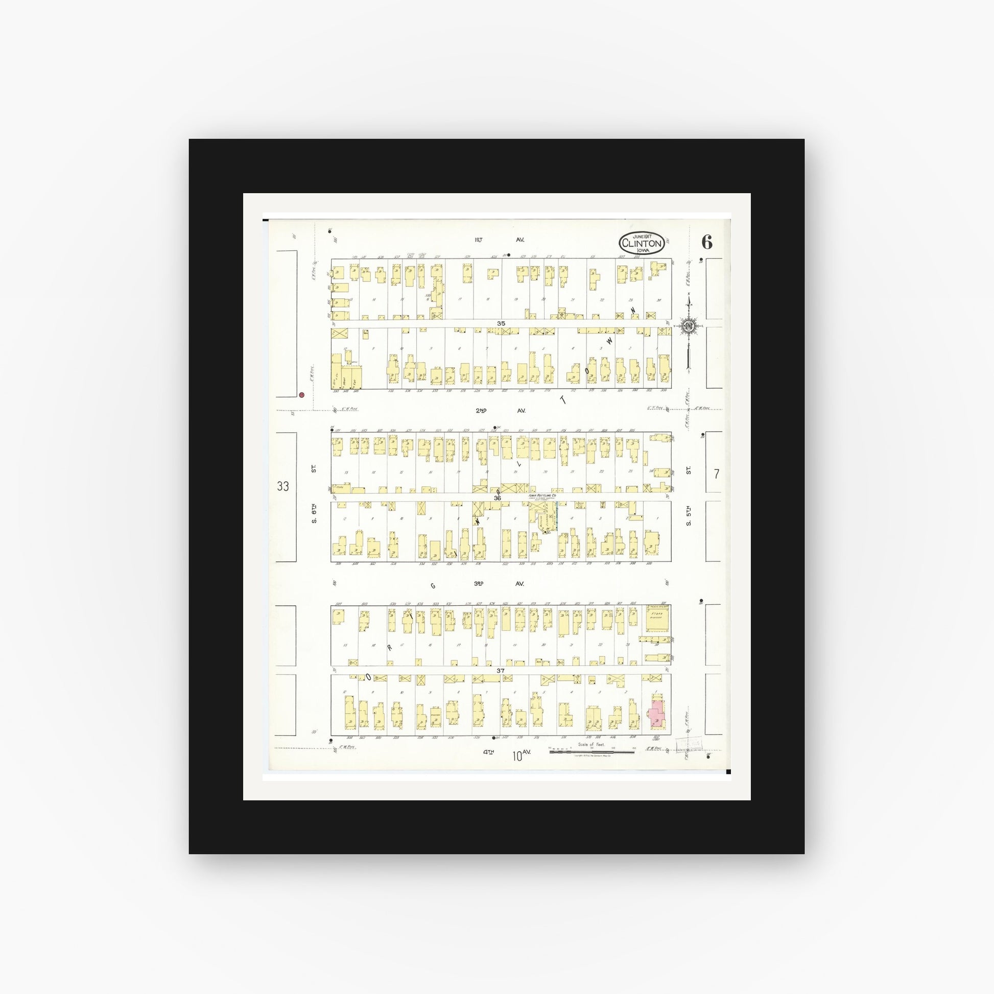 Old map wall art mockup — black gallery frame with white mat — Sanborn Fire Insurance Map from Clinton, Clinton County, Iowa (1917), Sheet #0006