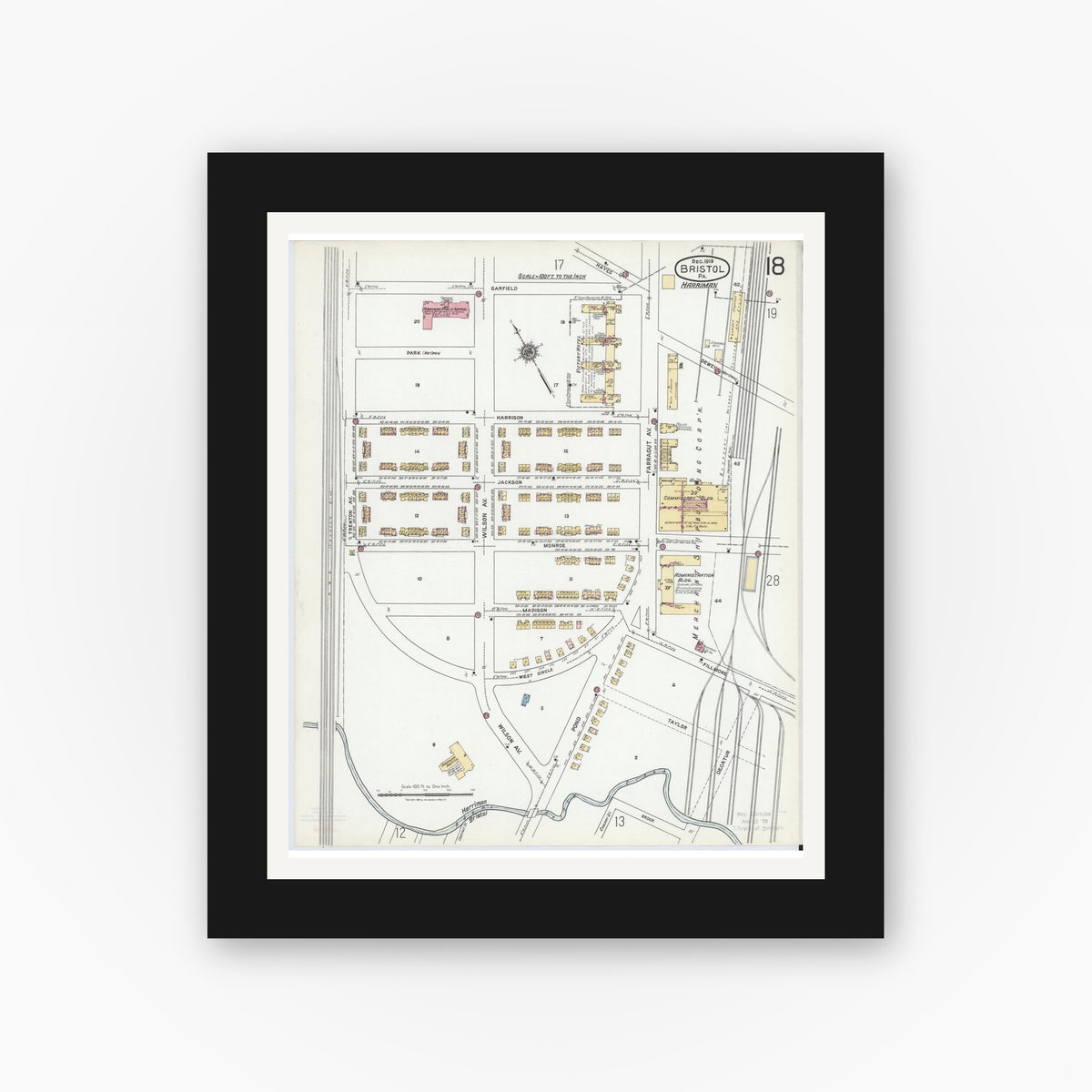 Old map wall art mockup — black gallery frame with white mat — Sanborn Fire Insurance Map from Bristol, Bucks County, Pennsylvania (1927), Sheet #0018