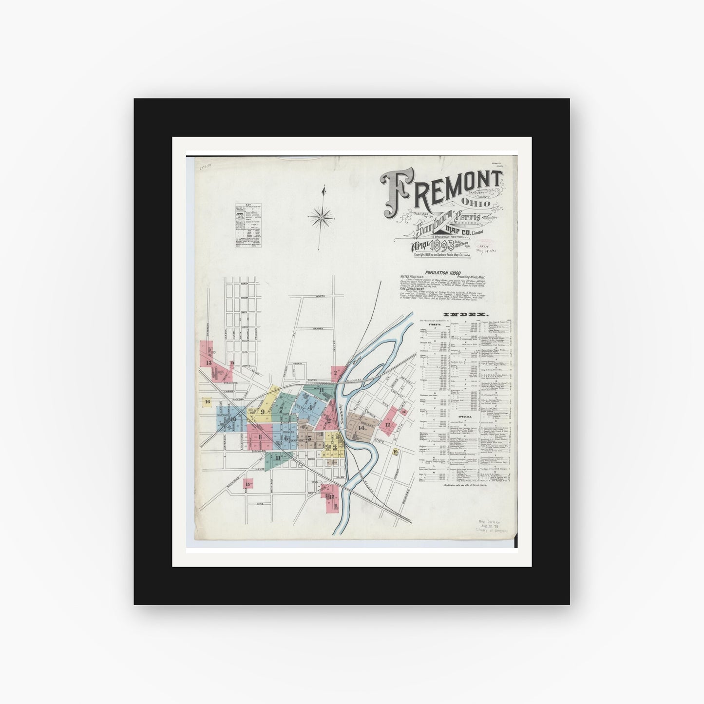 Old map wall art mockup — black gallery frame with white mat — Sanborn Fire Insurance Map from Fremont, Sandusky County, Ohio (1893) - Complete Map Set