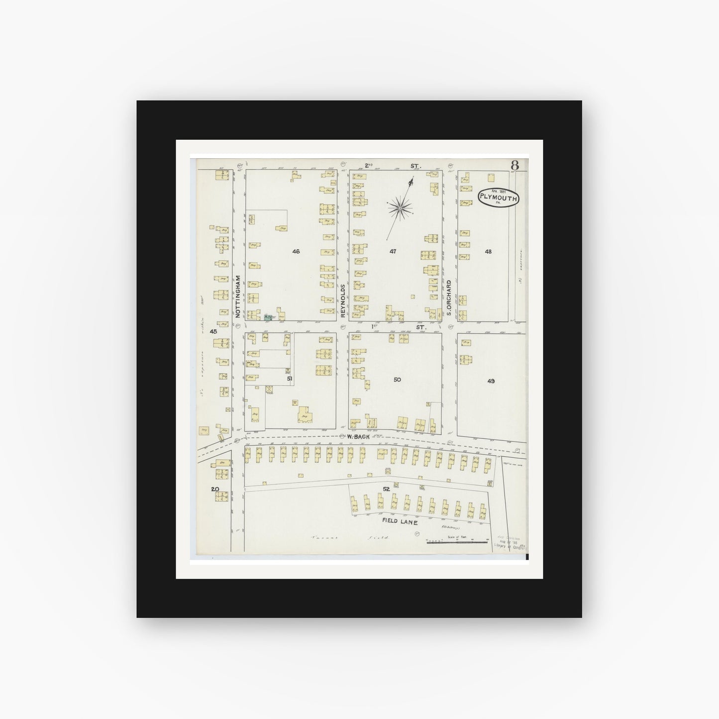 Old map wall art mockup — black gallery frame with white mat — Sanborn Fire Insurance Map from Plymouth, Luzerne County, Pennsylvania (1891), Sheet #0008