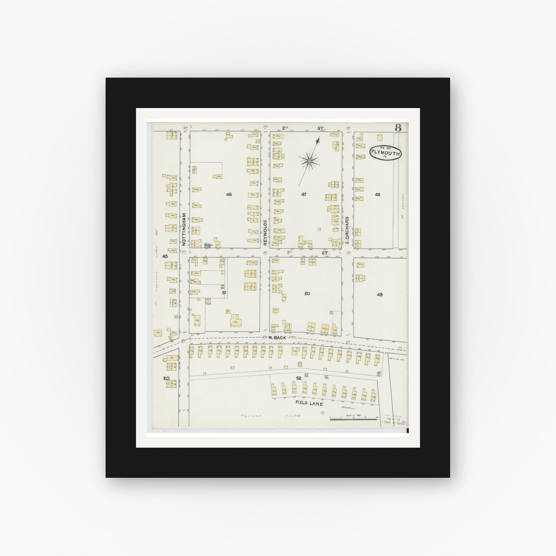 Old map wall art mockup — black gallery frame with white mat — Sanborn Fire Insurance Map from Plymouth, Luzerne County, Pennsylvania (1891), Sheet #0008