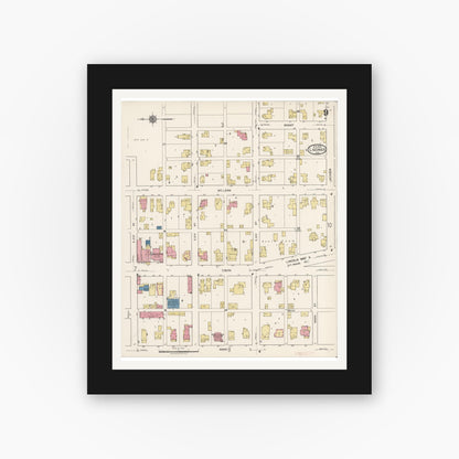 Old map wall art mockup — black gallery frame with white mat — Sanborn Fire Insurance Map from Ligonier, Noble County, Indiana (1922), Sheet #0009