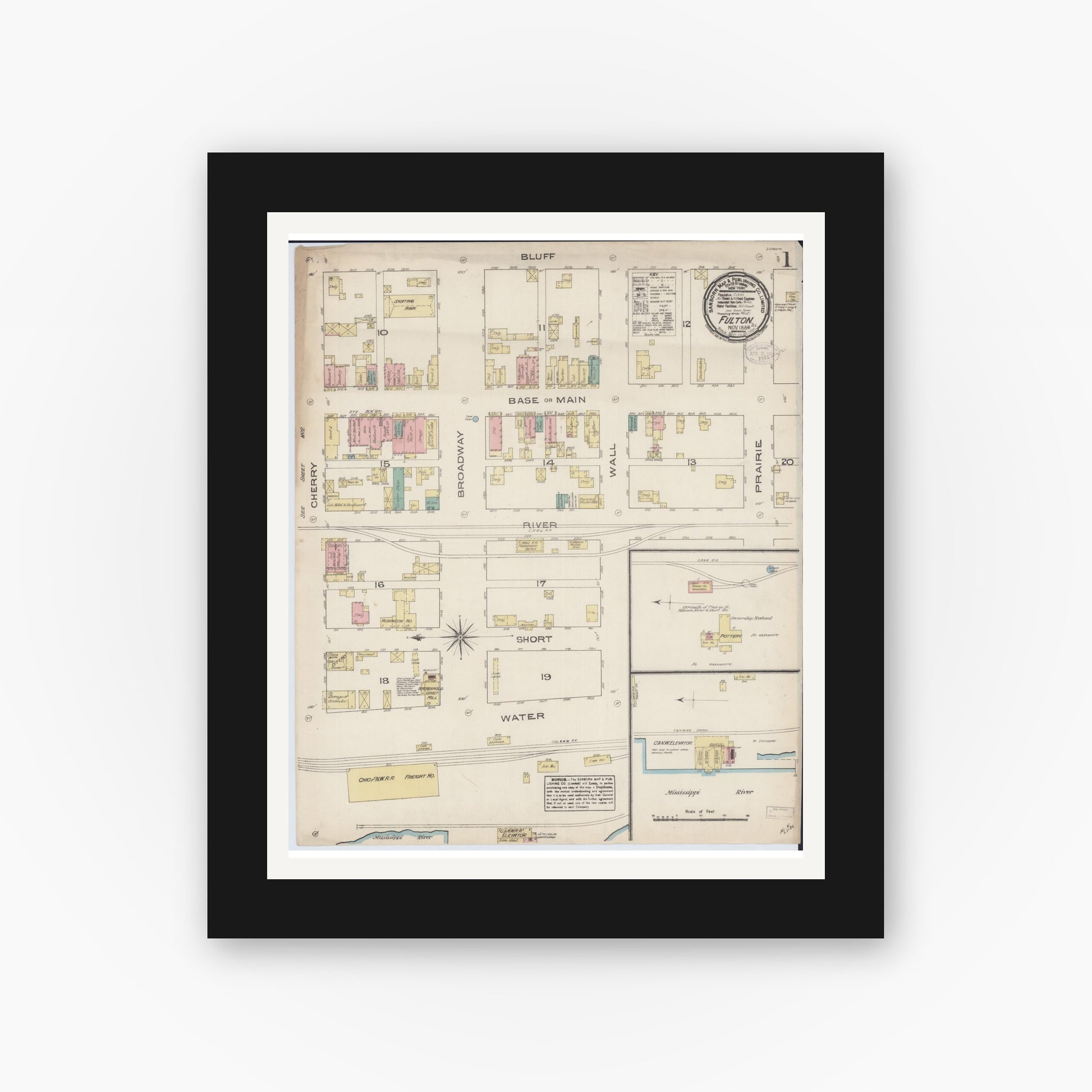 Old map wall art mockup — black gallery frame with white mat — Sanborn Fire Insurance Map from Fulton, Whiteside County, Illinois (1884), Sheet #0001