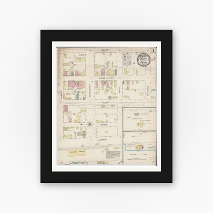 Old map wall art mockup — black gallery frame with white mat — Sanborn Fire Insurance Map from Fulton, Whiteside County, Illinois (1884), Sheet #0001