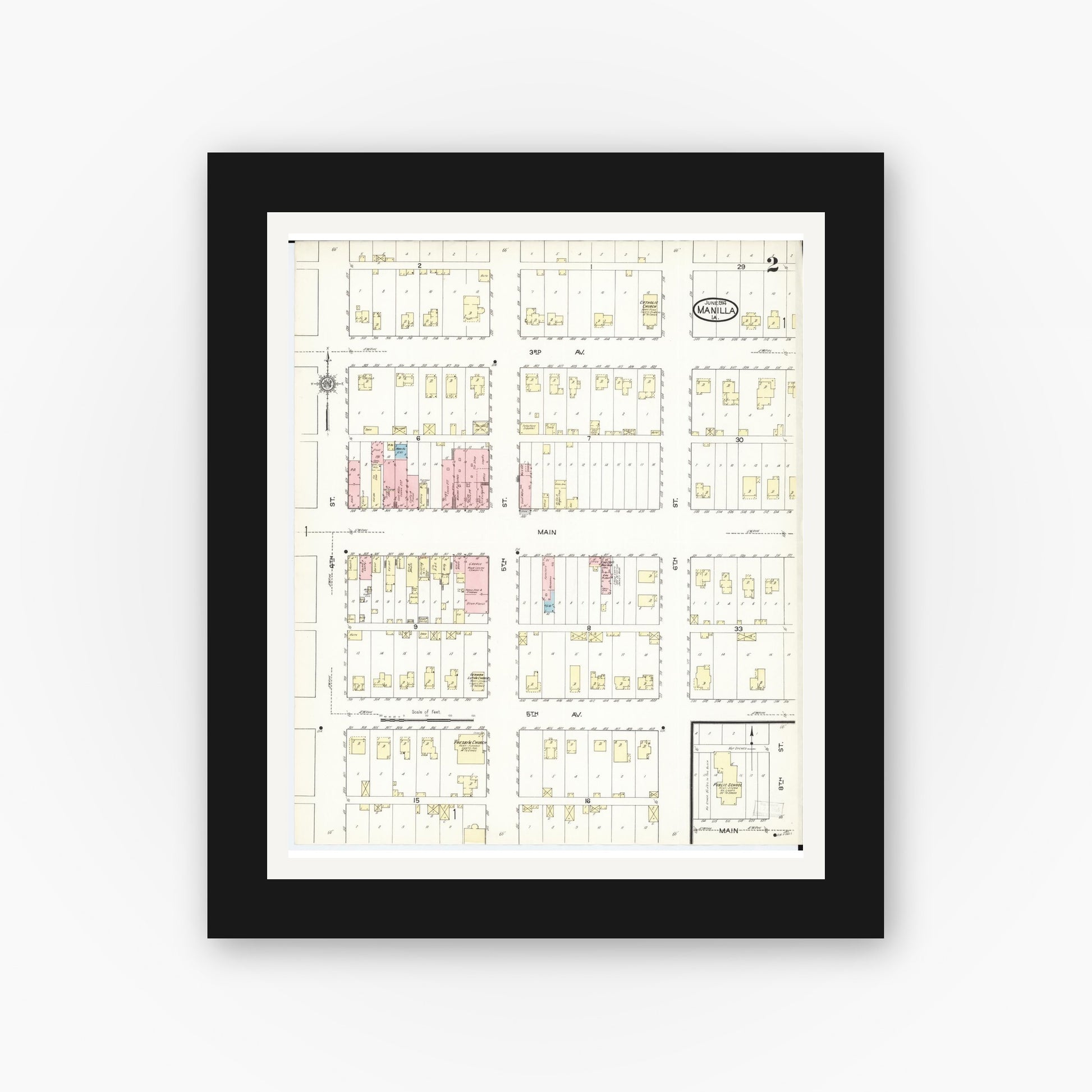 Old map wall art mockup — black gallery frame with white mat — Sanborn Fire Insurance Map from Manilla, Crawford County, Iowa (1914), Sheet #0002