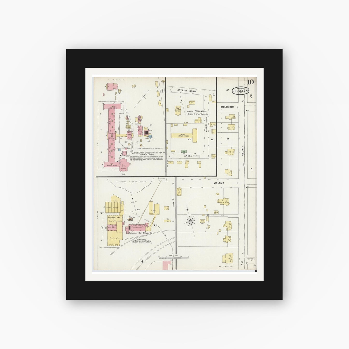 Old map wall art mockup — black gallery frame with white mat — Sanborn Fire Insurance Map from Goldsboro, Wayne County, North Carolina (1896), Sheet #0010