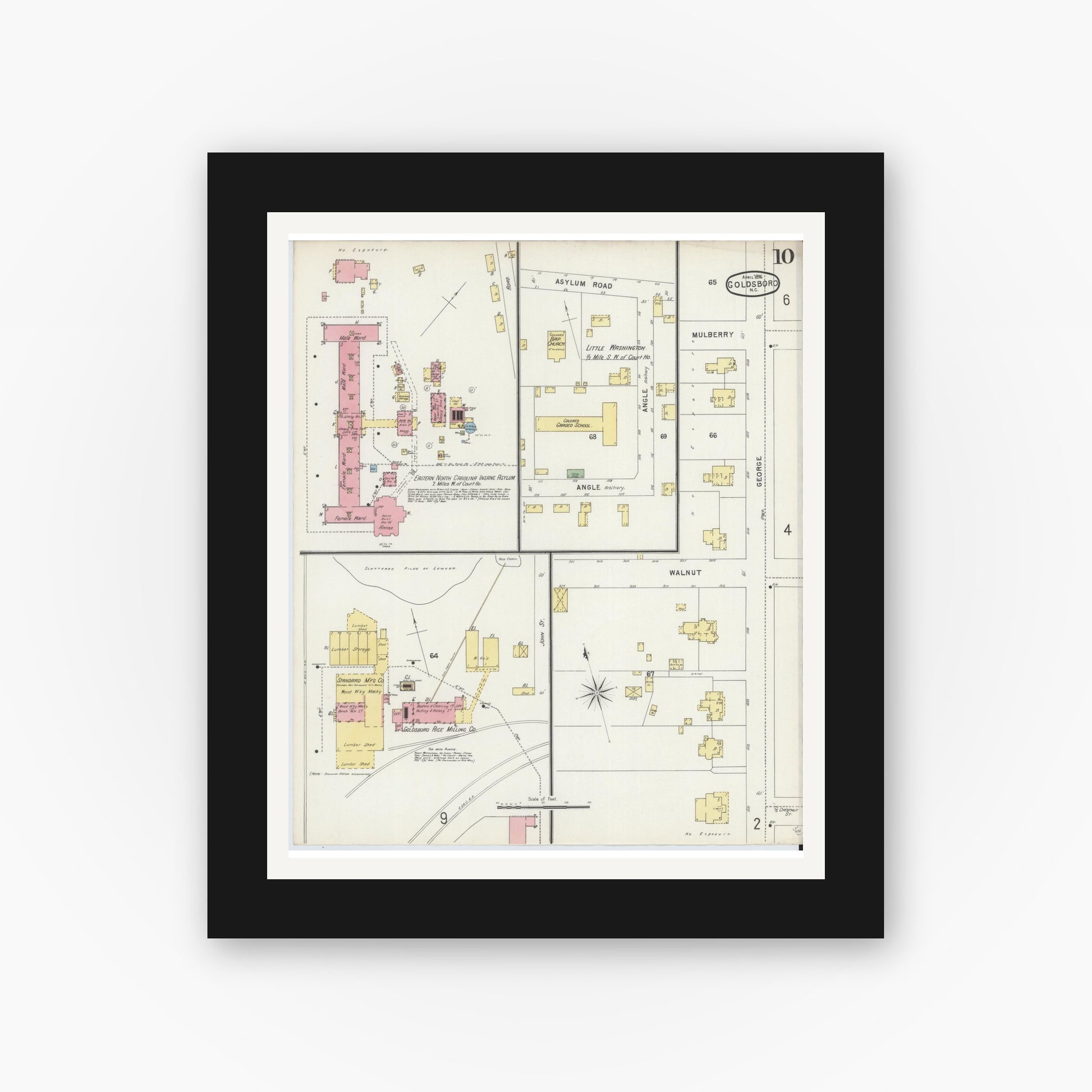 Old map wall art mockup — black gallery frame with white mat — Sanborn Fire Insurance Map from Goldsboro, Wayne County, North Carolina (1896), Sheet #0010