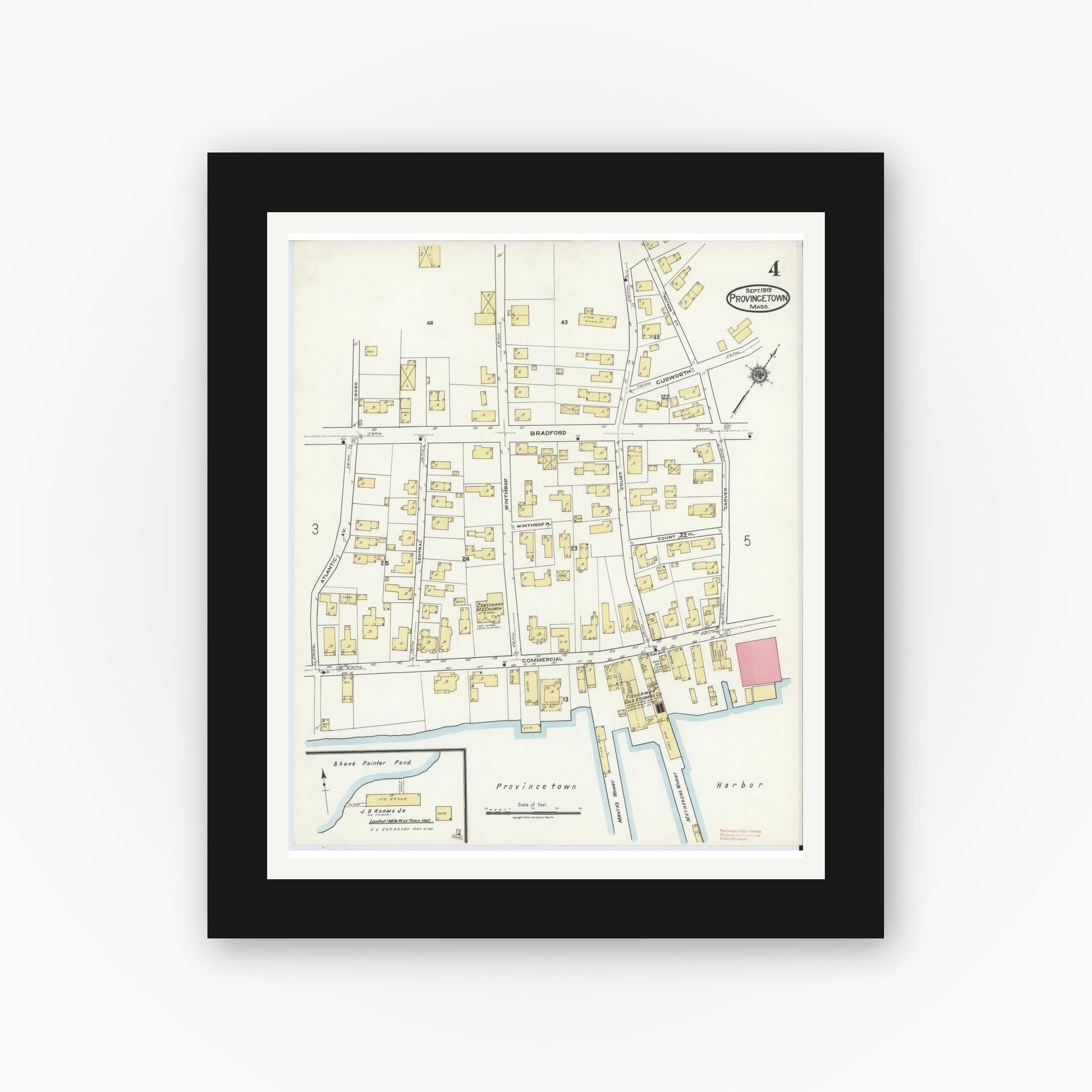 Old map wall art mockup — black gallery frame with white mat — Sanborn Fire Insurance Map from Provincetown, Barnstable County, Massachusetts (1919), Sheet #0004