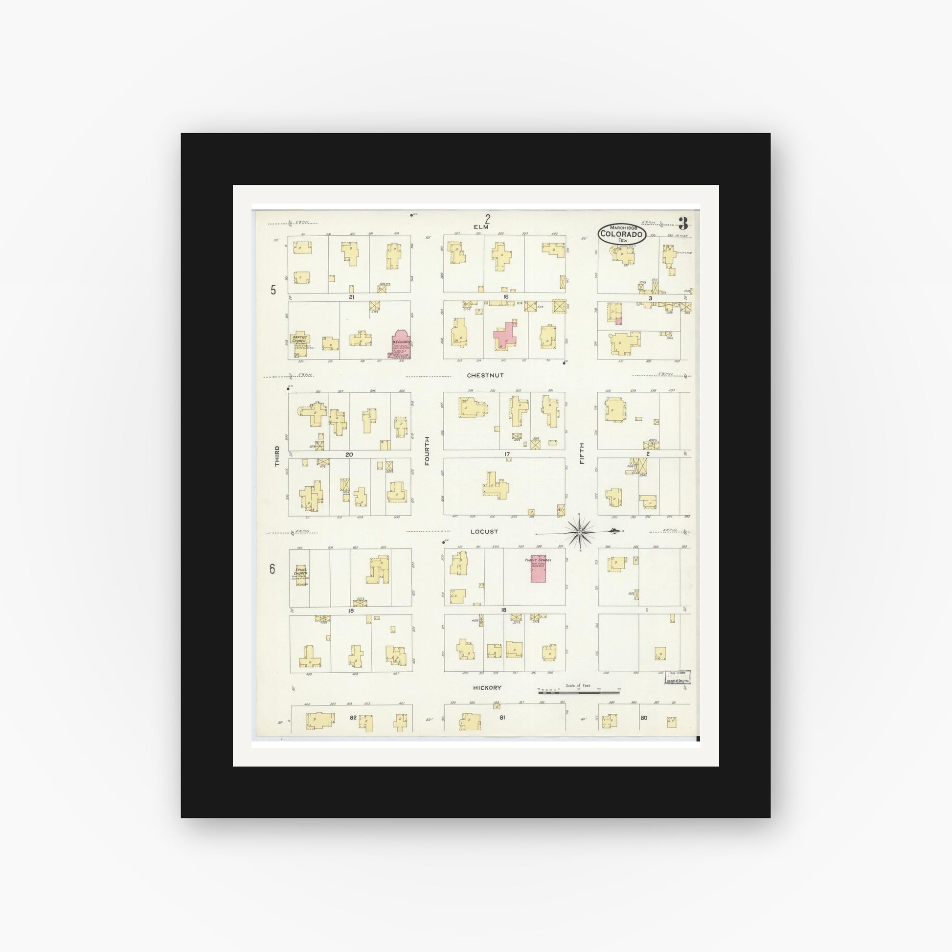 Old map wall art mockup — black gallery frame with white mat — Sanborn Fire Insurance Map from Colorado, Mitchell County, Texas (1908), Sheet #0003