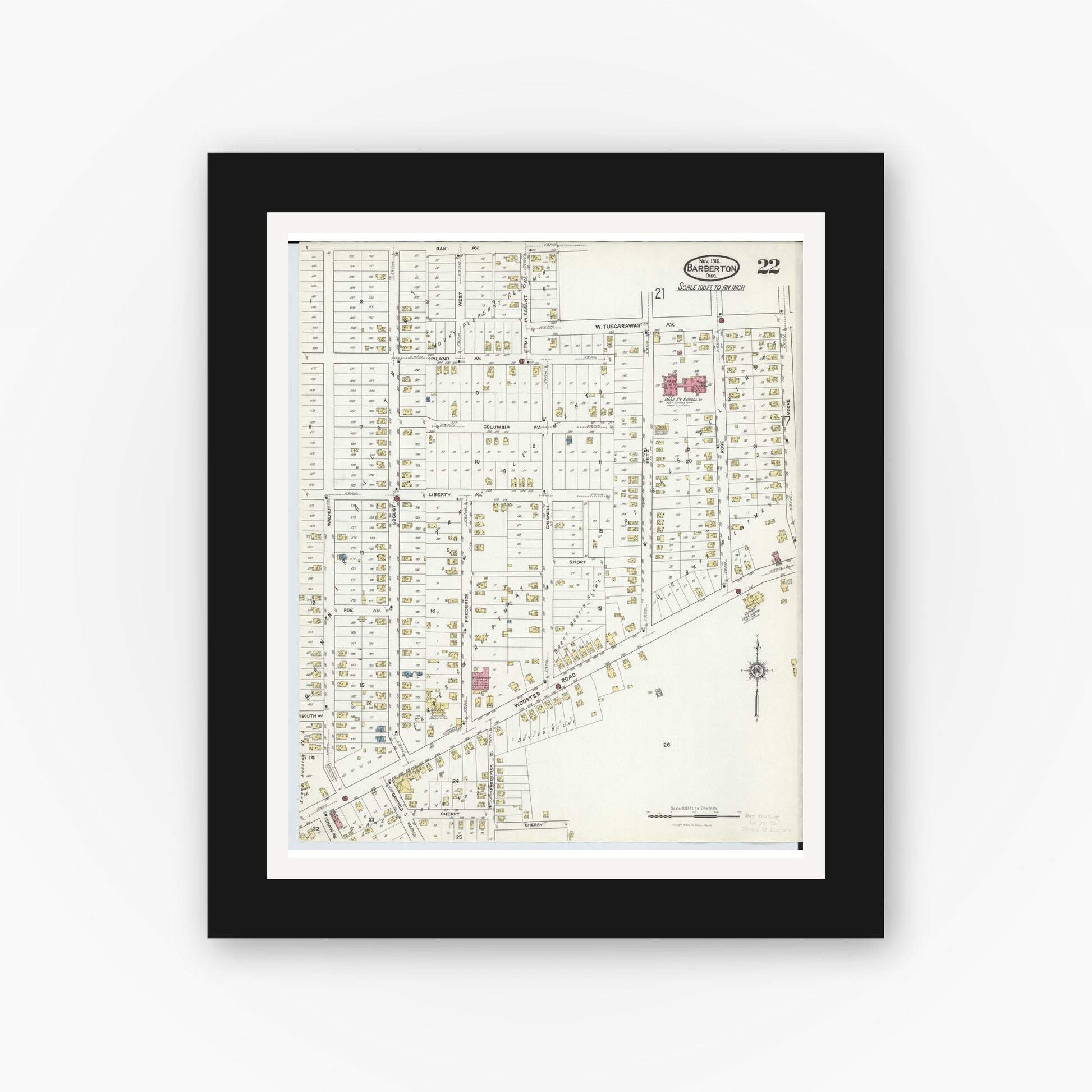 Old map wall art mockup — black gallery frame with white mat — Sanborn Fire Insurance Map from Barberton, Summit County, Ohio (1916), Sheet #0022