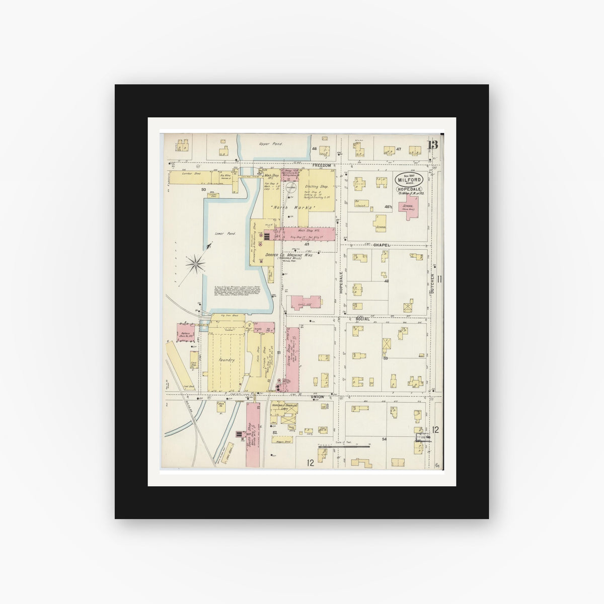 Old map wall art mockup — black gallery frame with white mat — Sanborn Fire Insurance Map from Milford, Worcester County, Massachusetts (1897), Sheet #0013