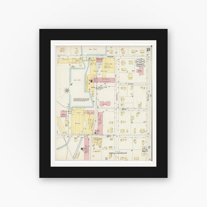 Old map wall art mockup — black gallery frame with white mat — Sanborn Fire Insurance Map from Milford, Worcester County, Massachusetts (1897), Sheet #0013
