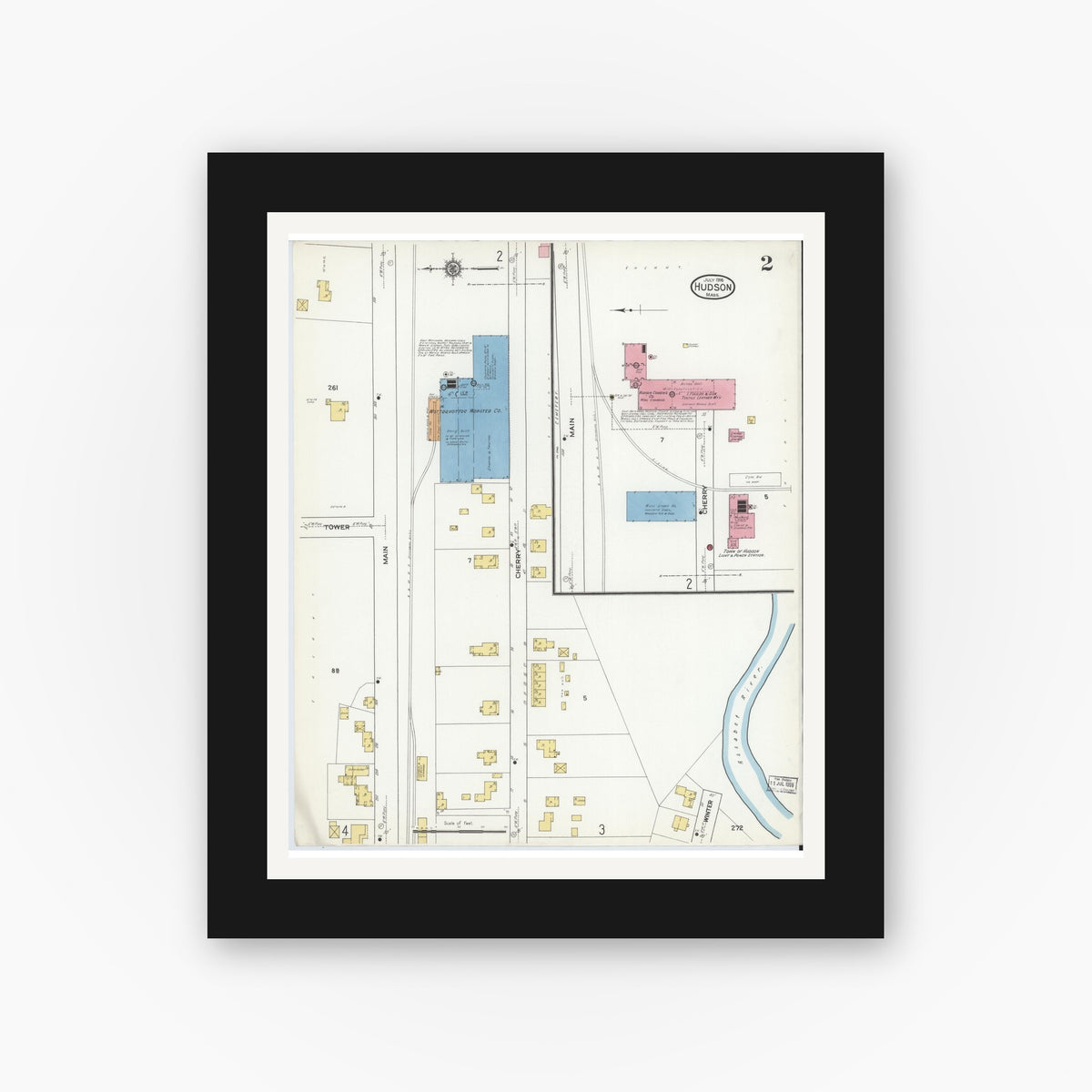 Old map wall art mockup — black gallery frame with white mat — Sanborn Fire Insurance Map from Hudson, Middlesex County, Massachusetts (1916), Sheet #0002