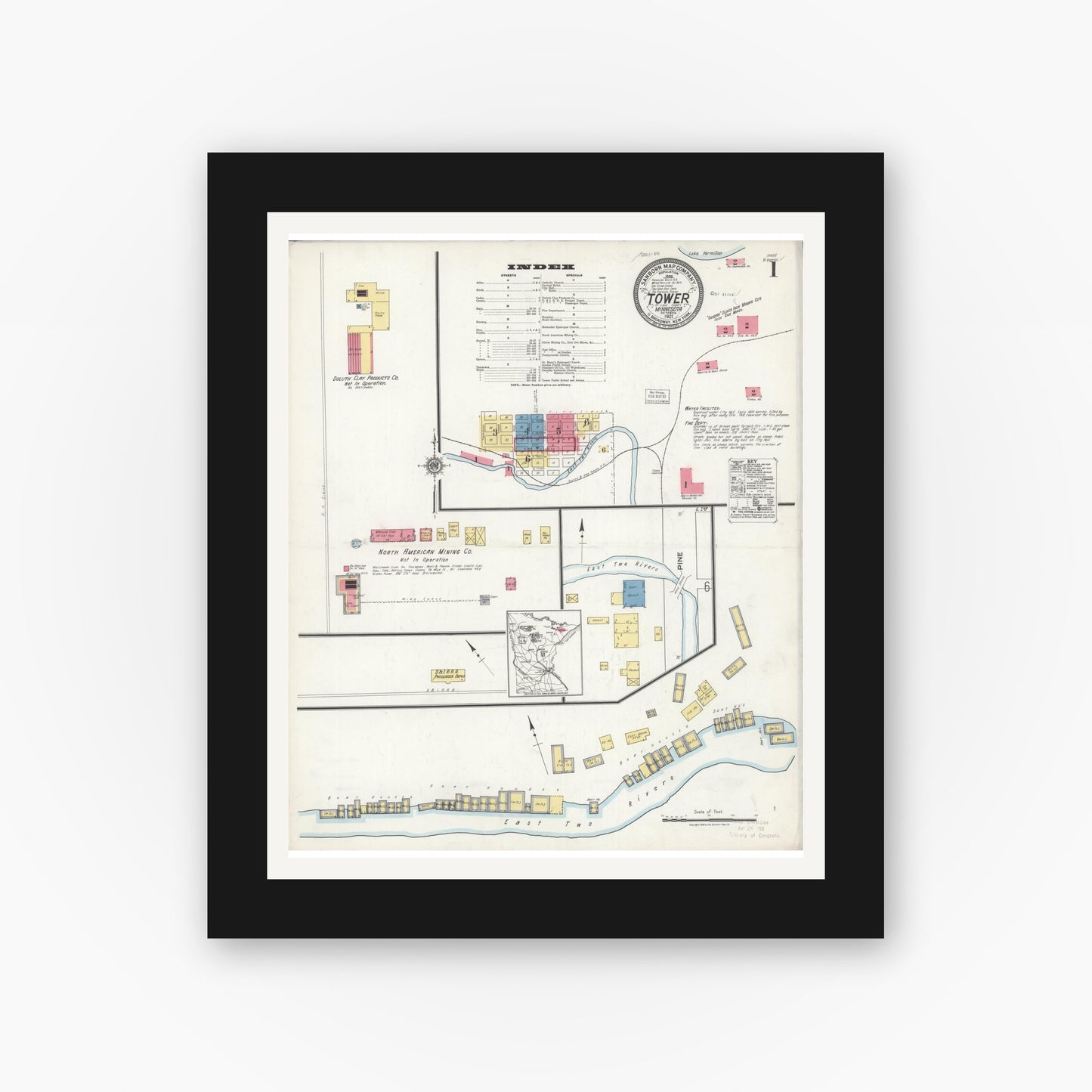 Old map wall art mockup — black gallery frame with white mat — Sanborn Fire Insurance Map from Tower, Saint Louis County, Minnesota (1921) - Complete Map Set