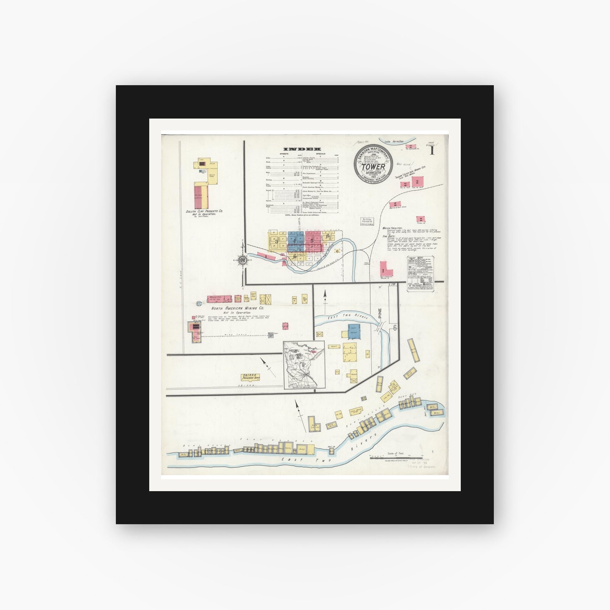 Old map wall art mockup — black gallery frame with white mat — Sanborn Fire Insurance Map from Tower, Saint Louis County, Minnesota (1921) - Complete Map Set