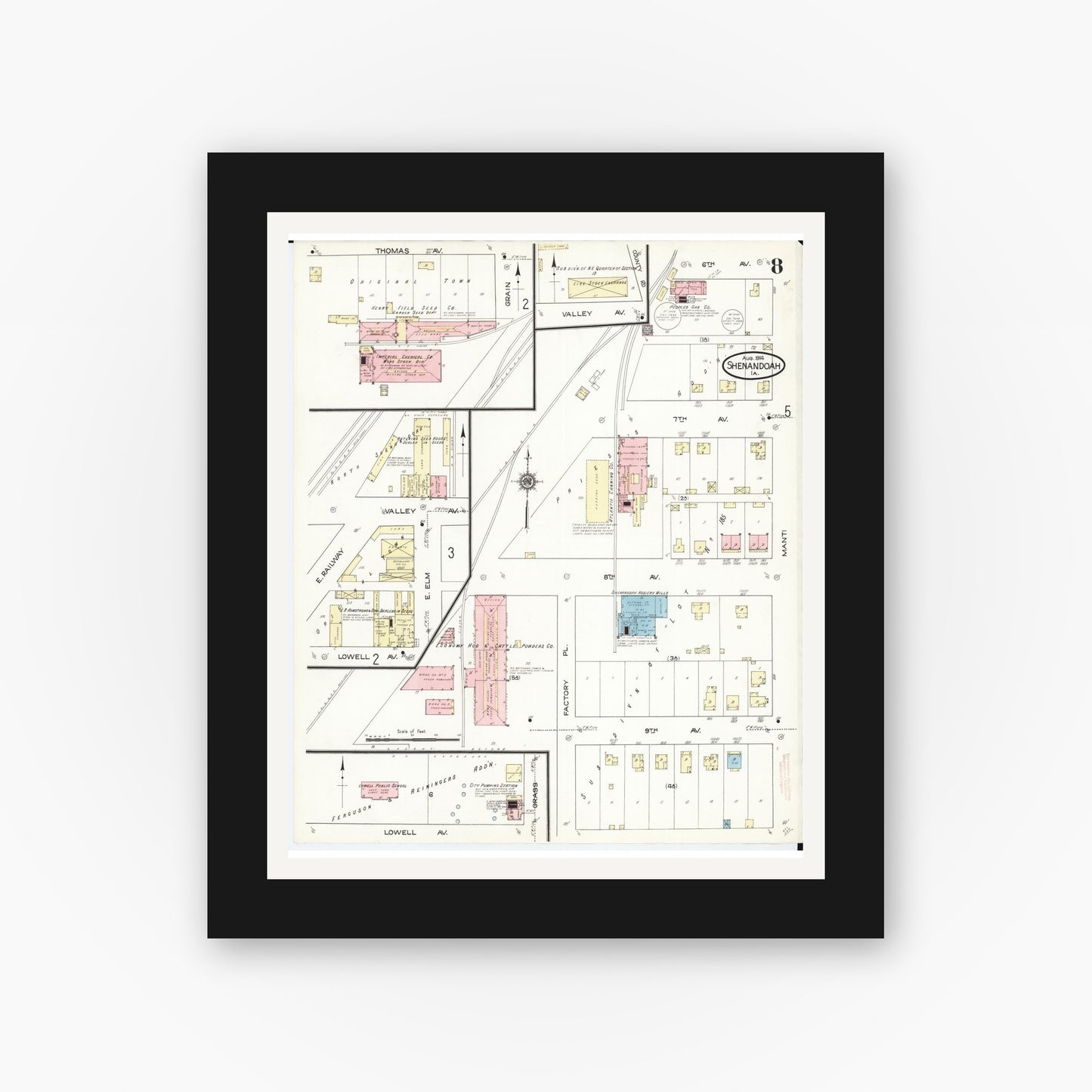 Old map wall art mockup — black gallery frame with white mat — Sanborn Fire Insurance Map from Shenandoah, Page County, Iowa (1914), Sheet #0008