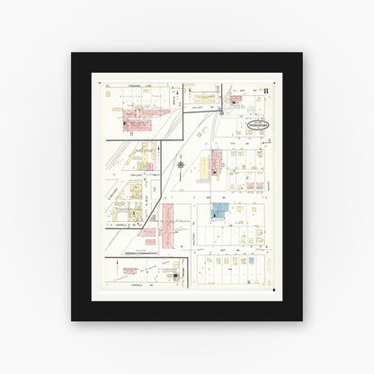Old map wall art mockup — black gallery frame with white mat — Sanborn Fire Insurance Map from Shenandoah, Page County, Iowa (1914), Sheet #0008