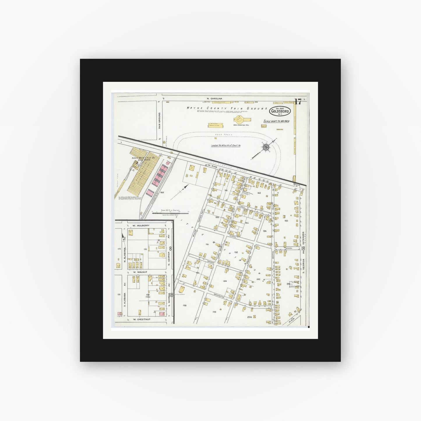 Old map wall art mockup — black gallery frame with white mat — Sanborn Fire Insurance Map from Goldsboro, Wayne County, North Carolina (1918), Sheet #0017