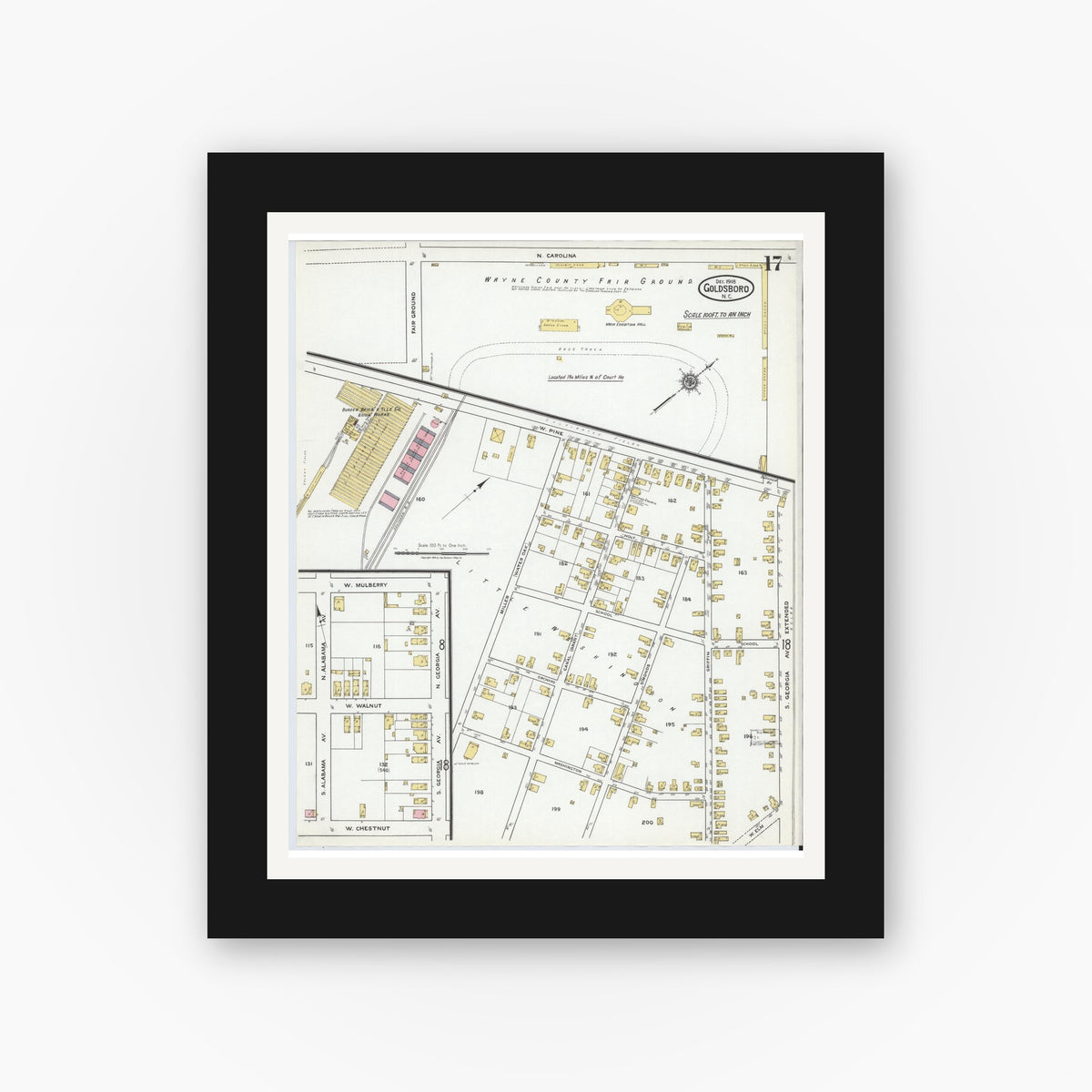 Old map wall art mockup — black gallery frame with white mat — Sanborn Fire Insurance Map from Goldsboro, Wayne County, North Carolina (1918), Sheet #0017