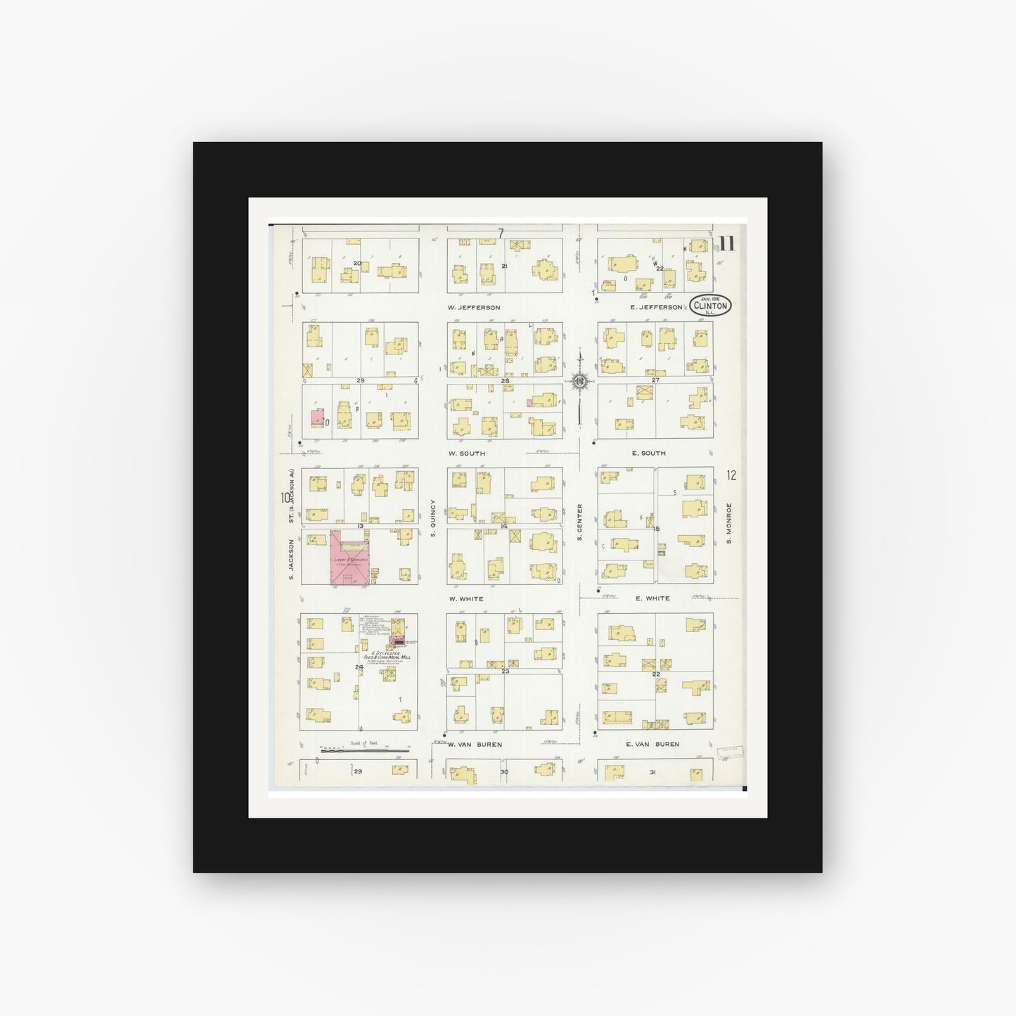Old map wall art mockup — black gallery frame with white mat — Sanborn Fire Insurance Map from Clinton, De Witt County, Illinois (1916), Sheet #0011