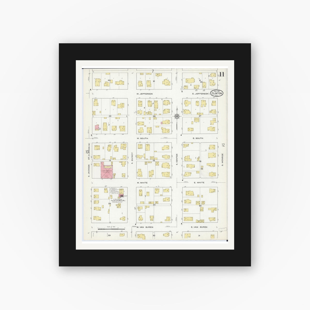 Old map wall art mockup — black gallery frame with white mat — Sanborn Fire Insurance Map from Clinton, De Witt County, Illinois (1916), Sheet #0011