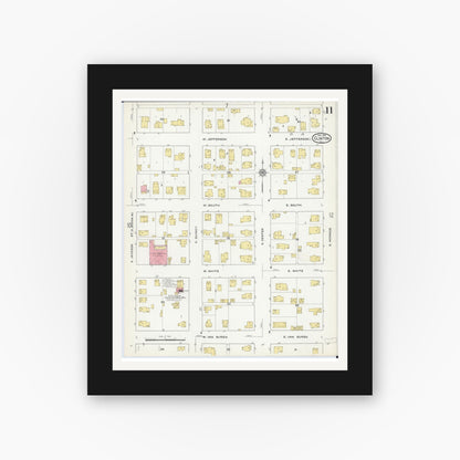 Old map wall art mockup — black gallery frame with white mat — Sanborn Fire Insurance Map from Clinton, De Witt County, Illinois (1916), Sheet #0011