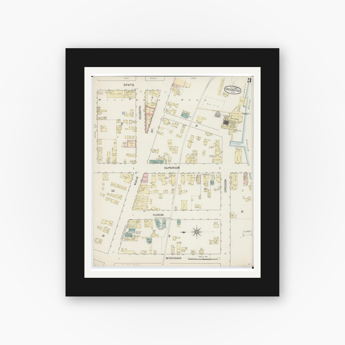 Old map wall art mockup — black gallery frame with white mat — Sanborn Fire Insurance Map from Oconto, Oconto County, Wisconsin (1887), Sheet #0003