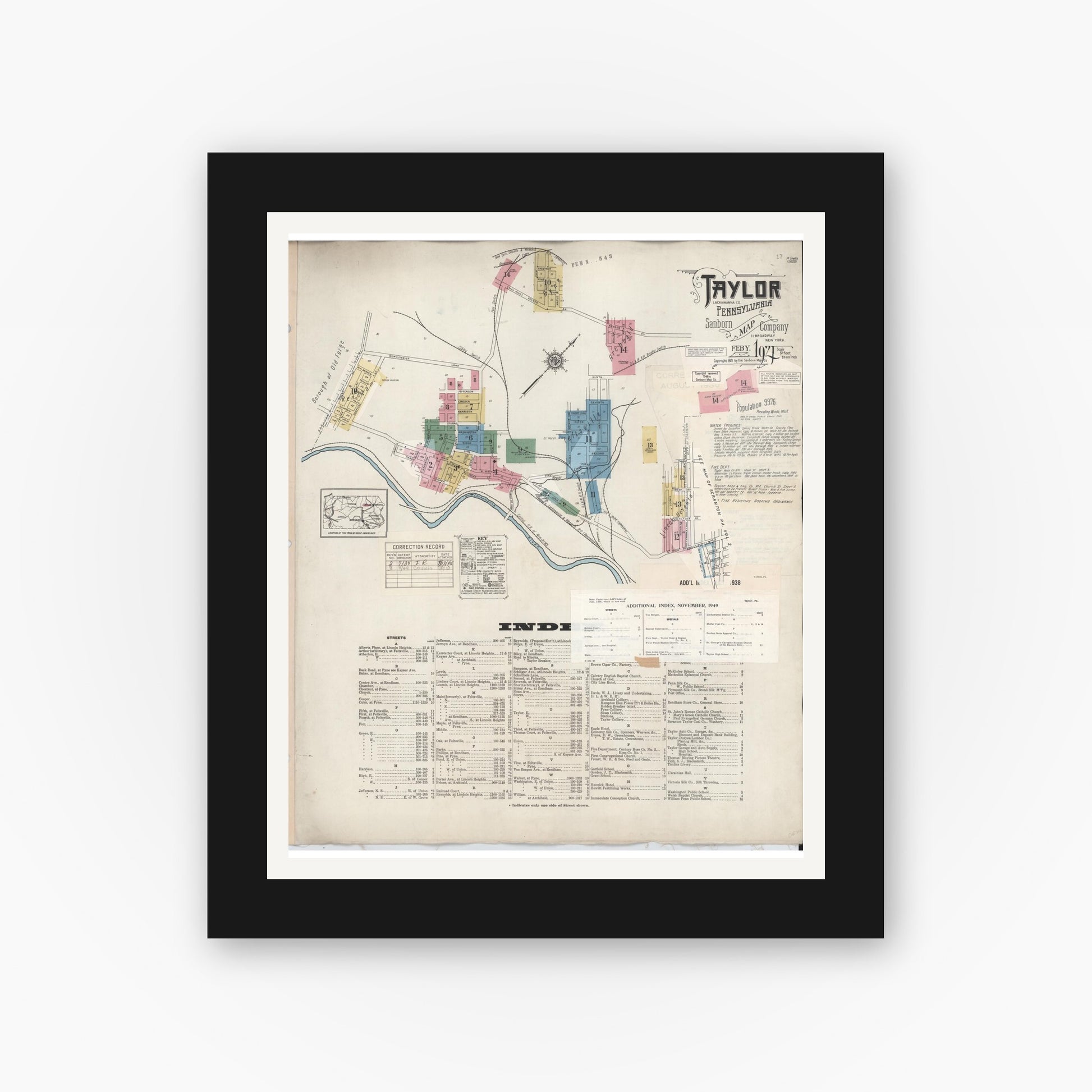 Old map wall art mockup — black gallery frame with white mat — Sanborn Fire Insurance Map from Taylor, Lackawanna County, Pennsylvania (1949), Sheet #0001